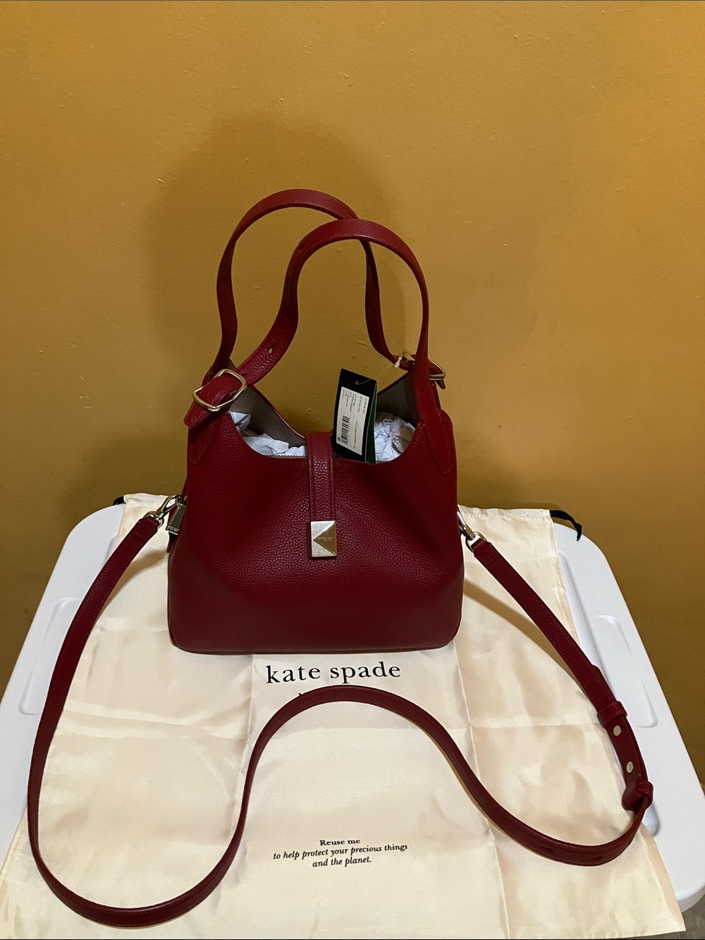Kate Spade Deco Small Red Jam pebble leather Shldr Tote bag